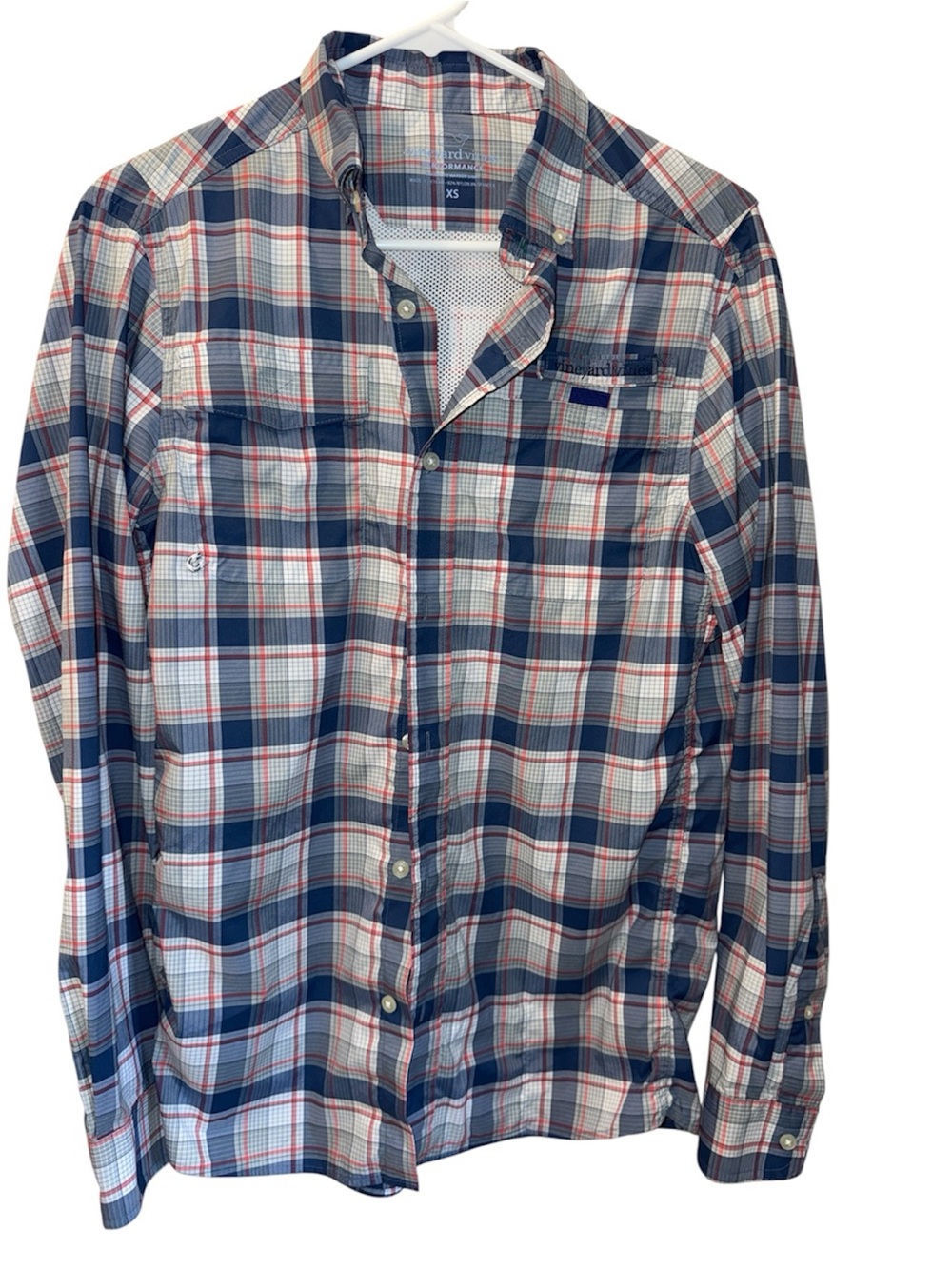 Vineyard Vines Harbor Mens XS Performance Fishing Vented Pink & Blue Plaid Shirt